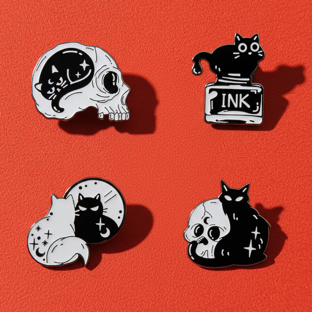 Lot 4 Pin's Chats Gothique Chats Noirs & Blancs Crânes | Yin Yang Mystique Émail