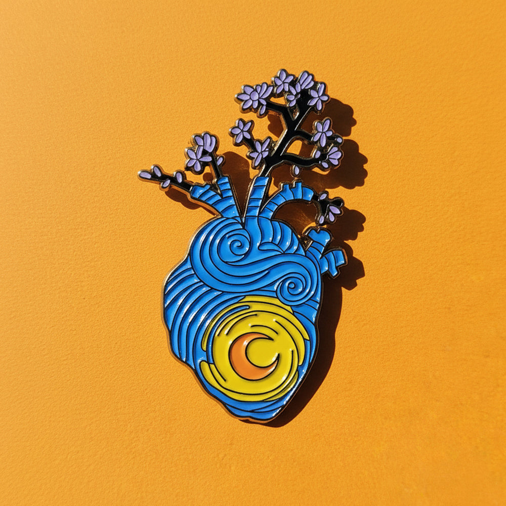 Pin's Émail Cœur Anatomique Fleuri Van Gogh Nuit Étoilée Vagues Lune | Art Nature