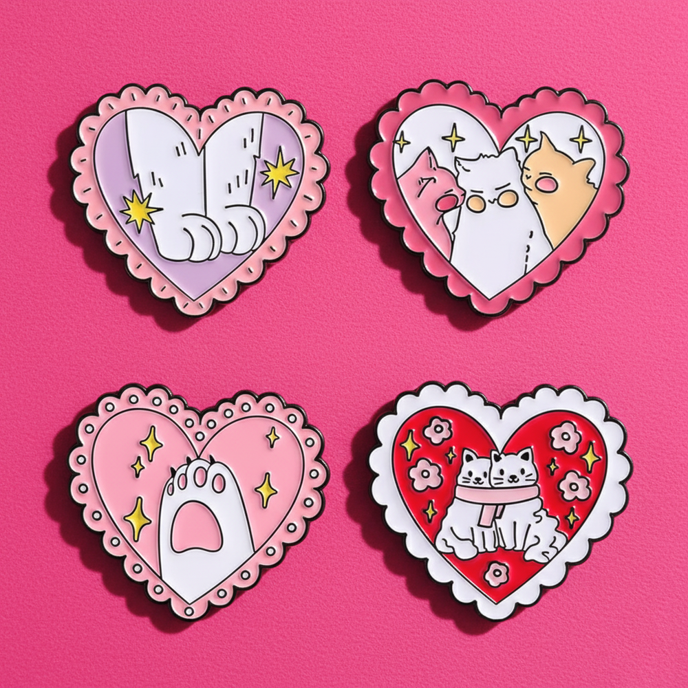 Lot de 4 pins Coeur Chat Kawai Mignon - Cadeau Adorable Fan de Chats