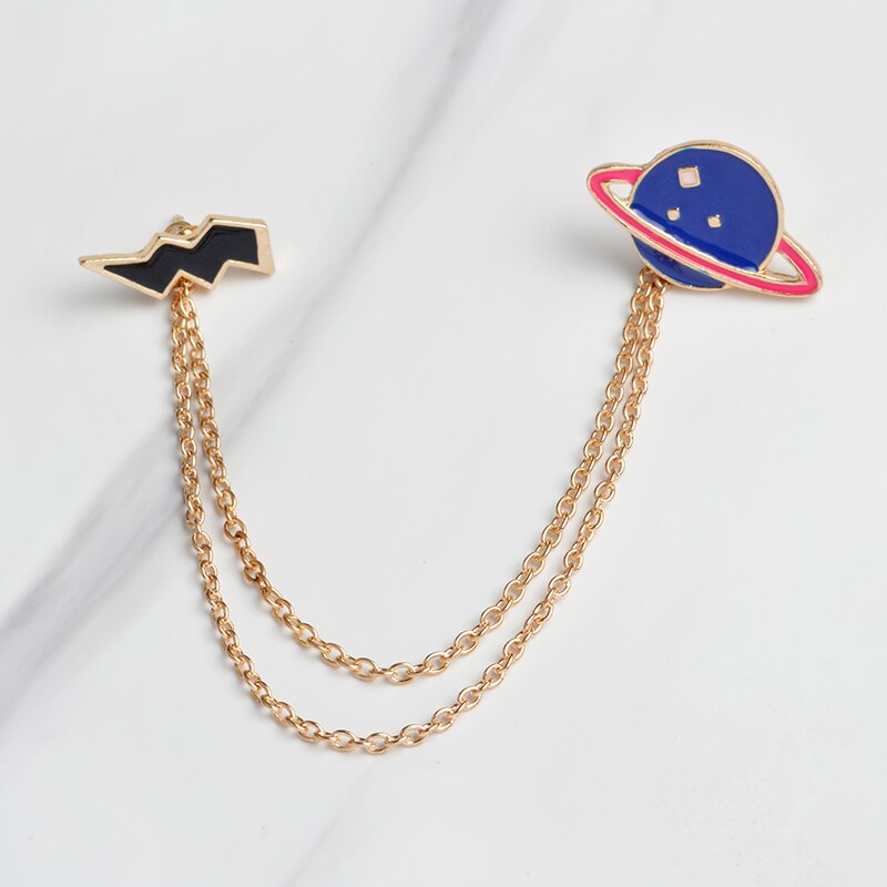 Double Pins planète saturne et éclair - pins emaillé avec chainette pins Nasa