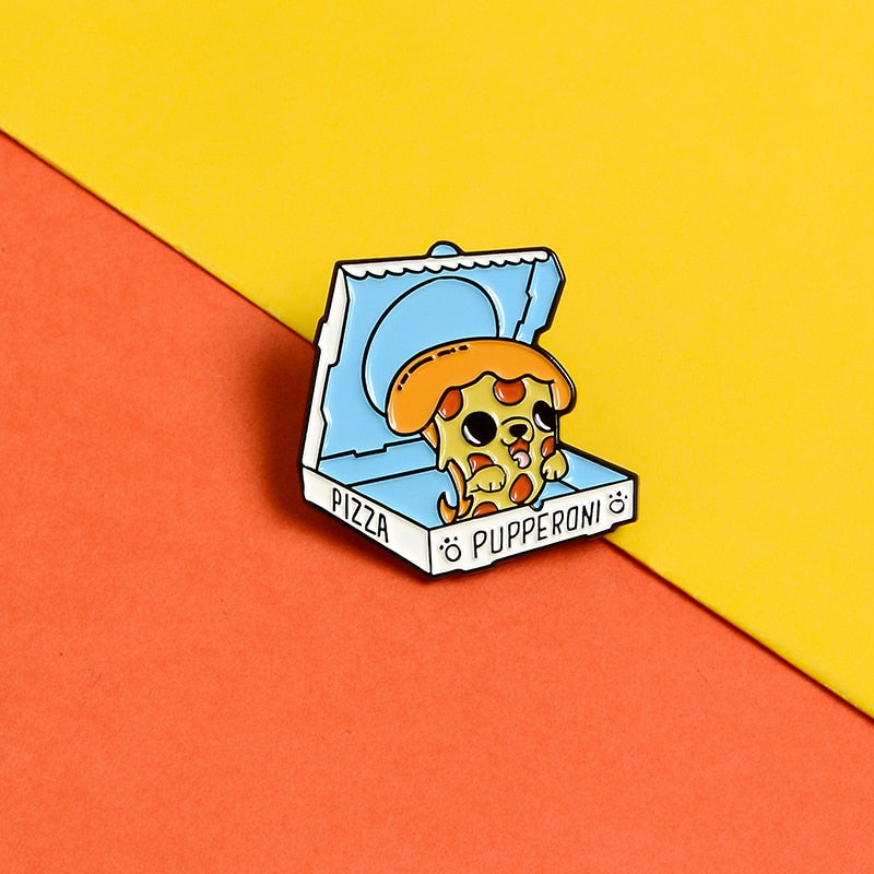 Pins Chien dans boite à Pizza - Pins Kawaii Mignon - Pins Tendance pas cher