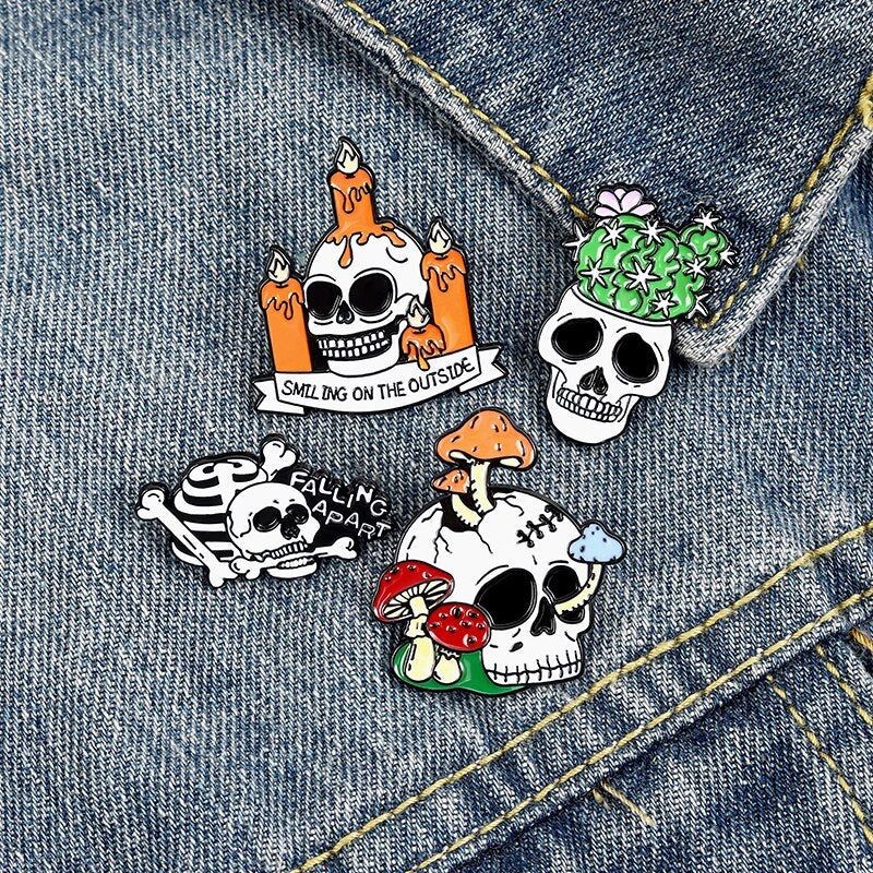 Pins Crâne Squelette avec Plante Et Champignon - Pins Tête de mort Gothique Fun