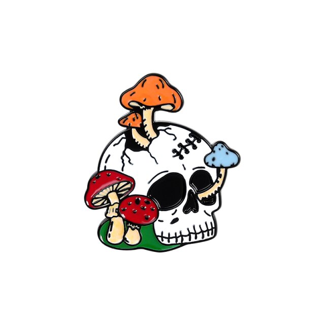 Pins Crâne Squelette avec Plante Et Champignon - Pins Tête de mort Gothique Fun