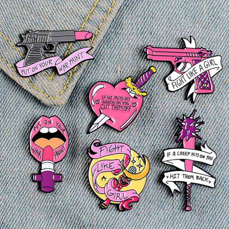 Enamel Pins Custom Lipstick Gun Magic Wand Brooches Lapel Pin Shirt Bag Pink Badges Feminist Jewelry Gift