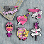 Enamel Pins Custom Lipstick Gun Magic Wand Brooches Lapel Pin Shirt Bag Pink Badges Feminist Jewelry Gift